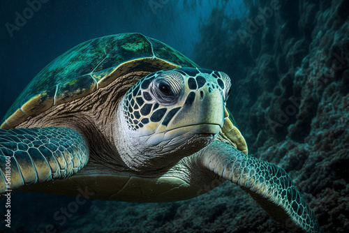 Closeup a turtle swimming under the sea With Generative AI