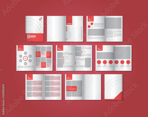Multi-page design template layout with red theme color and has 14 pages. Template layout of book, annual report, proposal, magazine and brochure.