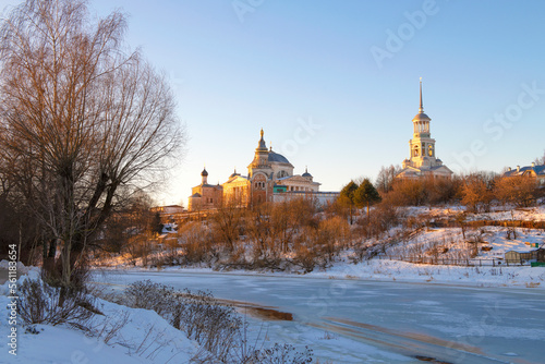 Ancient St.Boris and Gleb monastery in a winter landscape on a sunny January morning. Torzhok. Tver region, Russia