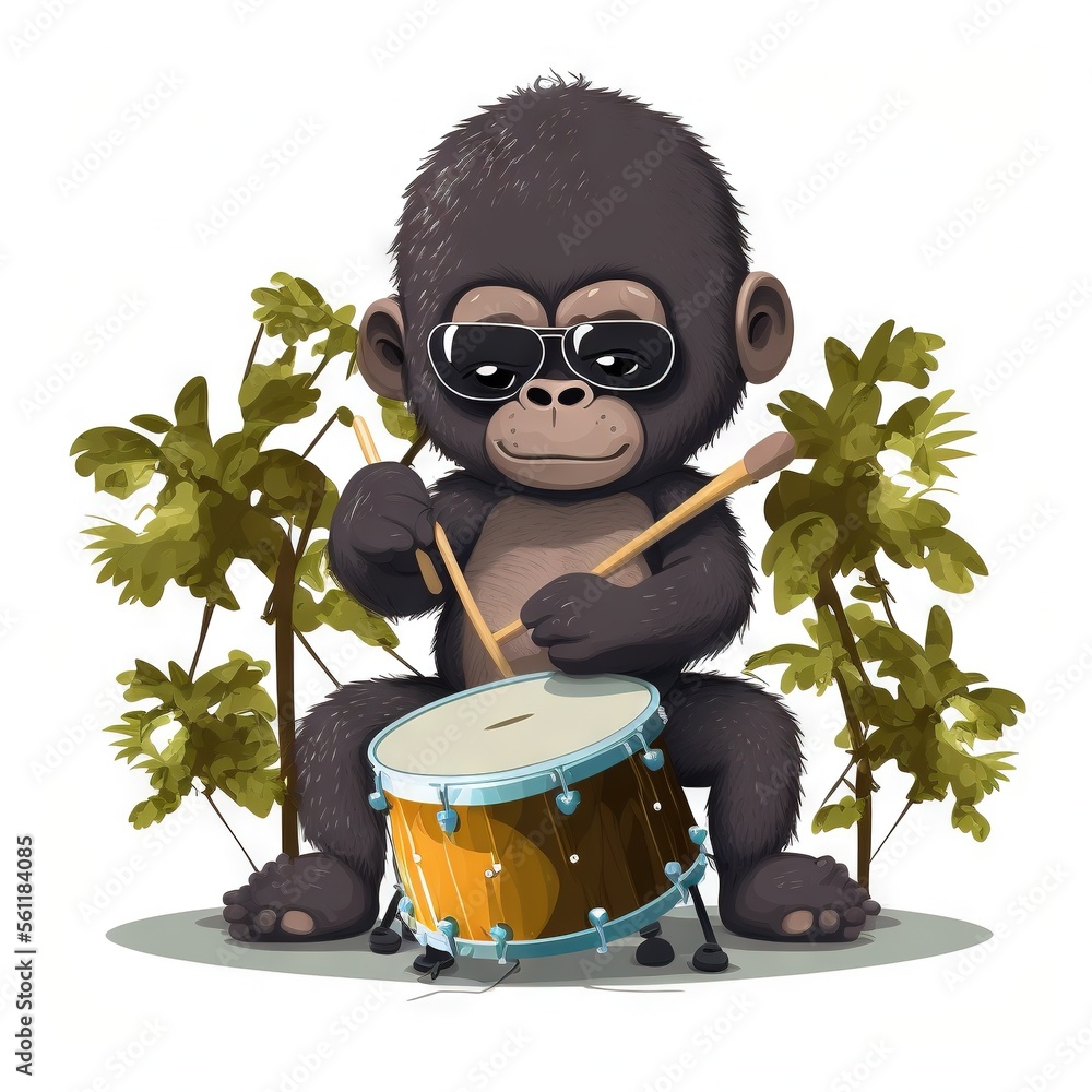 a monkey with sunglasses playing drums in the jungle with a bush behind