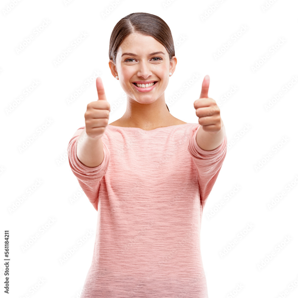Woman, smile and thumbs up for winner, sale or discount against a white studio background. Portrait of isolated young female showing thumbsup for good job, thank you or finished on white background Woman, smile and thumbs up for winner, sale or discount against a white studio background. Portrait of isolated young female showing thumbsup for good job, thank you or finished on white background