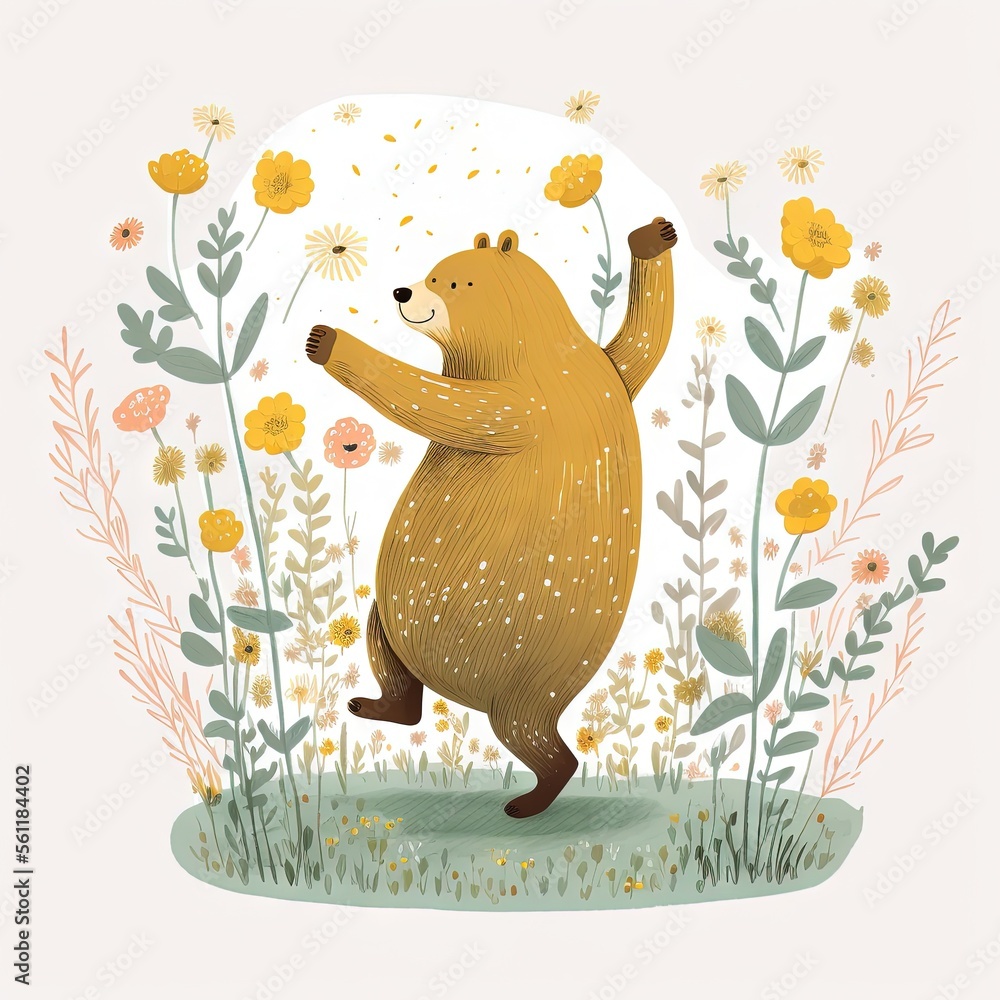 a bear is dancing in a field of flowers and plants with a sun in the ...