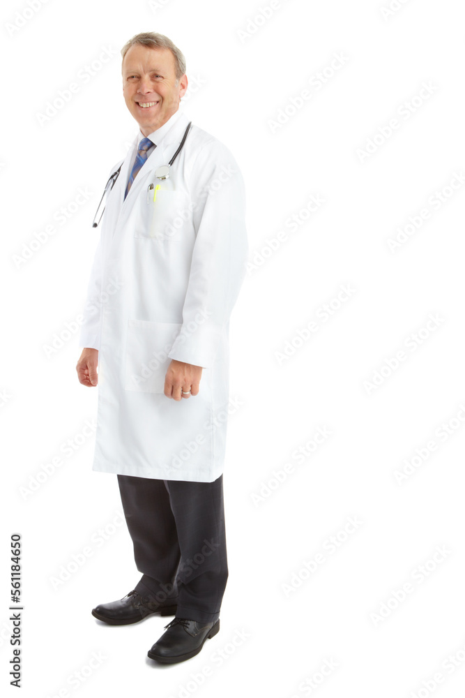 Portrait, healthcare doctor and man in studio isolated on a white background mockup. Wellness, health care and happy, confident and mature male medical professional from Canada standing in hospital. Portrait, healthcare doctor and man in studio isolated on a white background mockup. Wellness, health care and happy, confident and mature male medical professional from Canada standing in hospital.