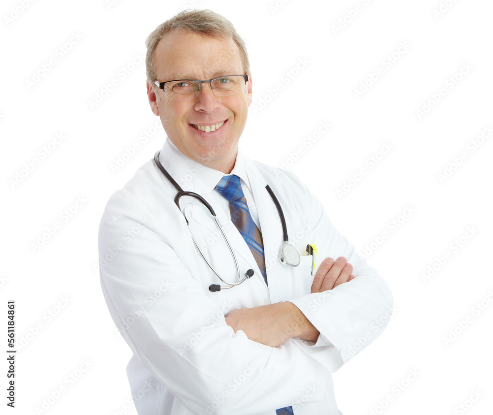 Portrait, doctor and man with arms crossed in studio isolated on a white background. Face, healthcare wellness and smile of happy, confident and mature male medical worker or physician from Canada. Portrait, doctor and man with arms crossed in studio isolated on a white background. Face, healthcare wellness and smile of happy, confident and mature male medical worker or physician from Canada.