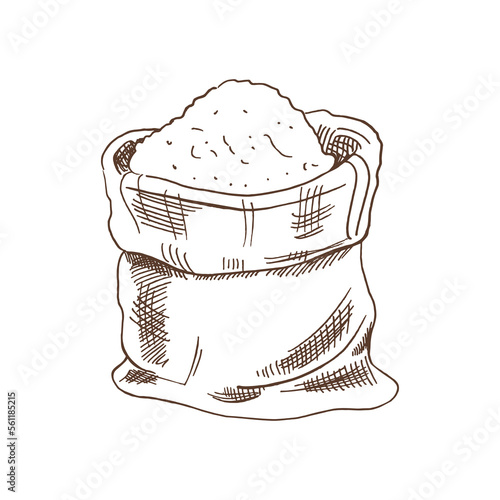 Bag with flour sketch drawing. Vector hand drawn bakery Illustration. Detailed retro style images. Vintage sketch for labels.