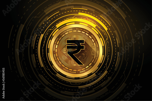 futuristic digital indian currency sign on golden token background