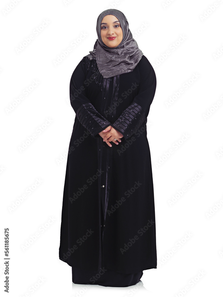 Fashion, Muslim and portrait of woman on a white background with confidence, elegance and empowerment. Culture, religion and female model isolated in studio with Islamic, cultural and Arabian clothes Fashion, Muslim and portrait of woman on a white background with confidence, elegance and empowerment. Culture, religion and female model isolated in studio with Islamic, cultural and Arabian clothes