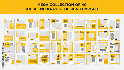 Mega collection social media post template set. Black and yellow background color with stripe line shape.