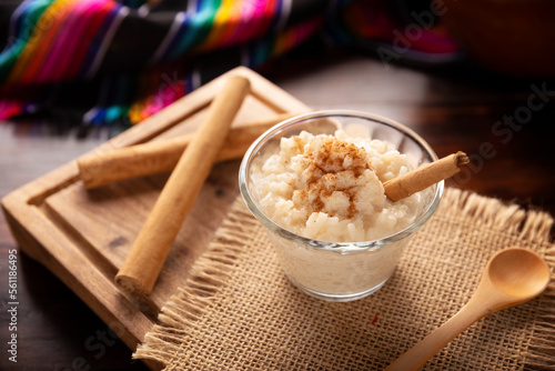 Rice pudding. Sweet dish made by cooking rice in milk and sugar, some recipes include cinnamon, vanilla or other ingredients, it is a very easy dessert to make and very popular all over the world. photo