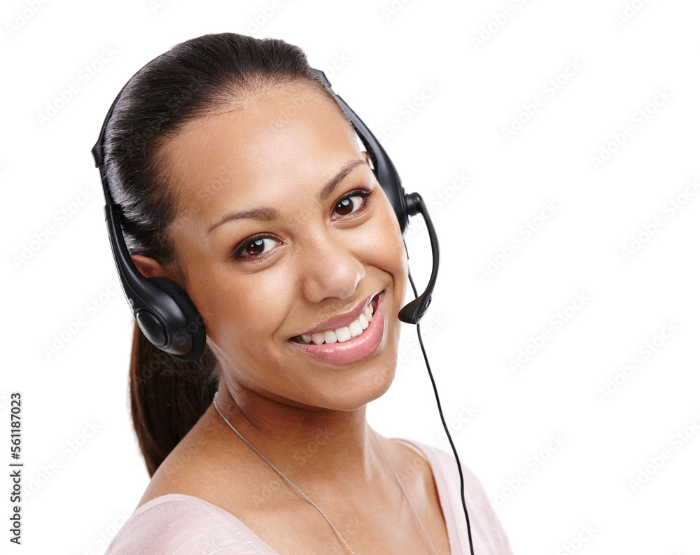 Woman, portrait and call center consultant in studio, headset with CRM with customer service isolated on white background. Contact us, telemarketing with tech support, customer care and worker smile Woman, portrait and call center consultant in studio, headset with CRM with customer service isolated on white background. Contact us, telemarketing with tech support, customer care and worker smile