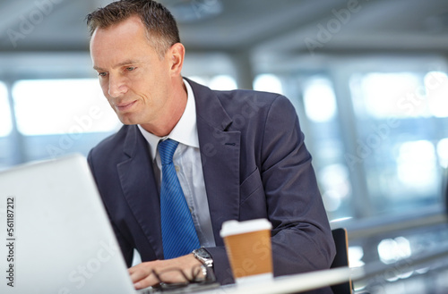 Thinking, planning or accountant man with laptop for invest strategy, finance growth or financial review. Analytics or manager in office building for trading, data analysis or economy data research