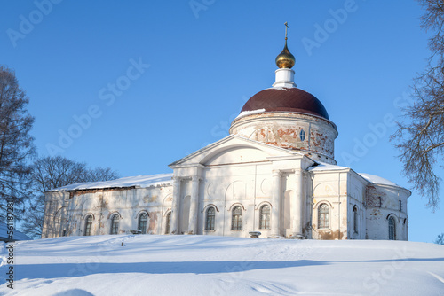 Ancient Cathedral of St. Nicholas the Wonderworker (1766-1769) on a January sunny day. Myshkin, Yaroslavl region. Russia