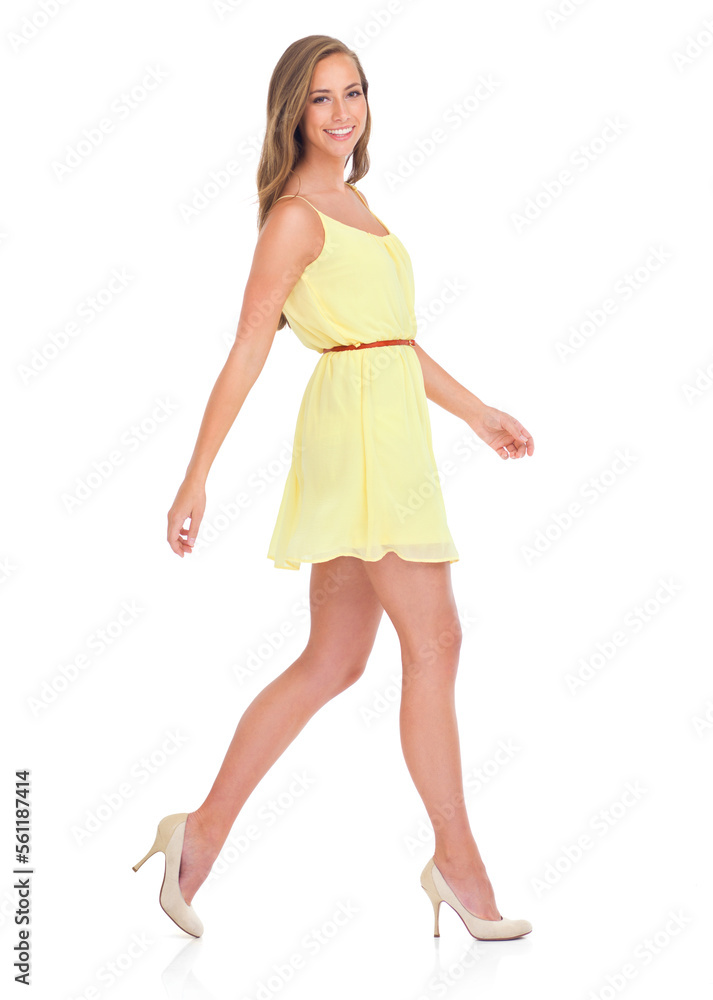 Portrait, fashion dress and woman in studio isolated on a white background mock up. Makeup aesthetics, beauty and female model from Canada in designer, trendy or stylish and beautiful yellow outfit Portrait, fashion dress and woman in studio isolated on a white background mock up. Makeup aesthetics, beauty and female model from Canada in designer, trendy or stylish and beautiful yellow outfit