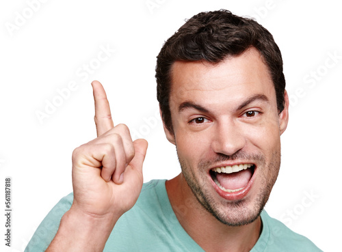 Portrait, excited and mockup with a man in studio isolated on a white background for marketing or advertising. Face, pointing and mock up with a happy male posing on blank product placement space