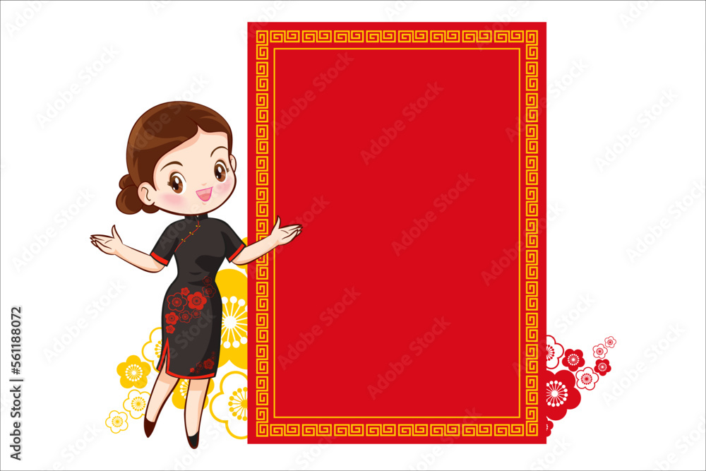 Pretty Chinese girl in mandarin gown with Chinese new year festival with space frame Pretty Chinese girl in mandarin gown with Chinese new year festival with space frame