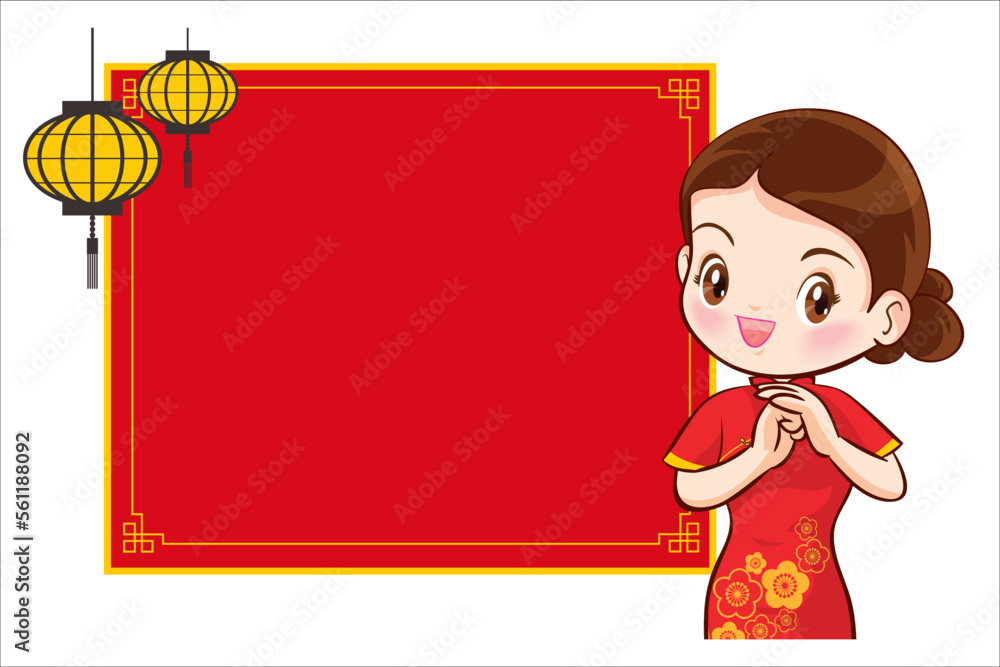 Pretty Chinese girl in mandarin gown with Chinese new year festival with space frame Pretty Chinese girl in mandarin gown with Chinese new year festival with space frame