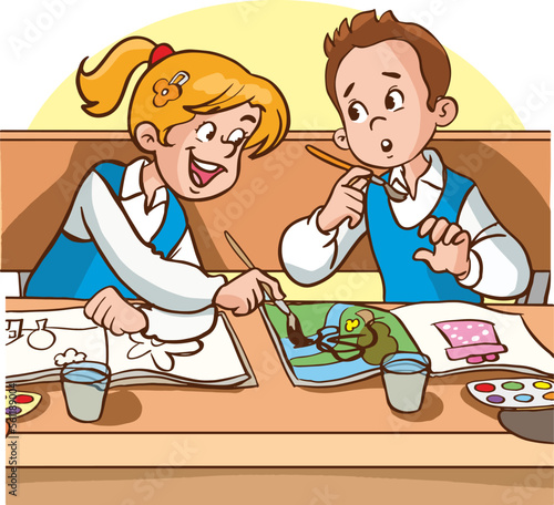 classroom kids painting together cartoon vector