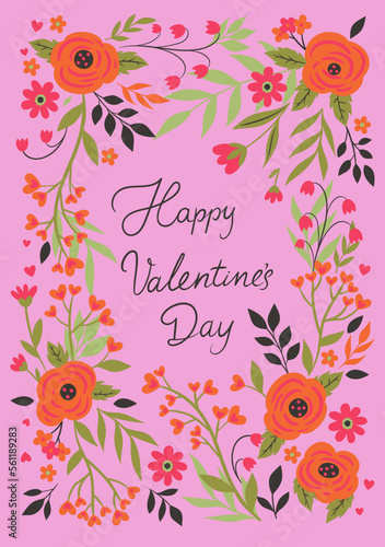 Valentine s day card with flowers and inscription. Vector graphics.