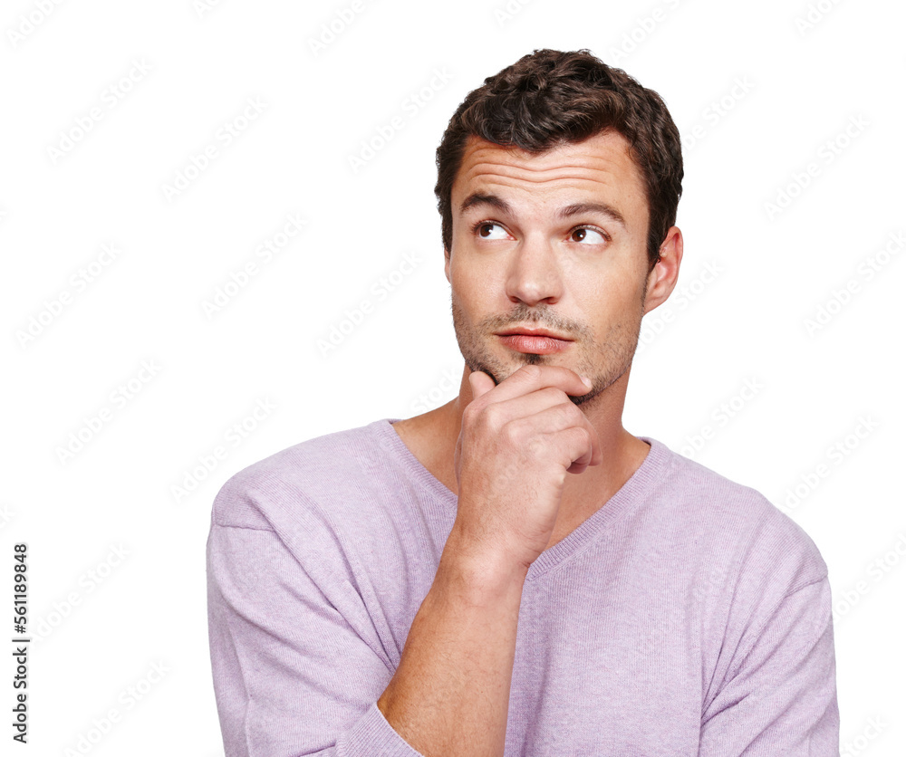 Man, thinking and face with idea at mockup space for advertising, motivation and inspiration in studio. Male model isolated on a white background to think product placement ideas with hand on chin Man, thinking and face with idea at mockup space for advertising, motivation and inspiration in studio. Male model isolated on a white background to think product placement ideas with hand on chin