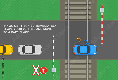 Safety driving tips and rules. If you trapped on level crossing, immediately leave your vehicle and move to a safe place. Top view of a car stuck on railway tracks. Flat vector illustration template.
