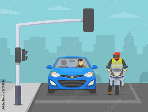 Blue car and motorcycle stopped at red traffic light signal. Front view of a biker and car driver looking at each other. Flat vector illustration template.