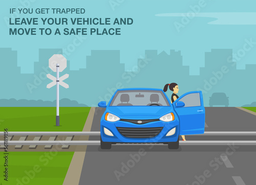 Safety driving tips and rules. If you trapped, immediately leave your vehicle and move to a safe place. Front view of a car stuck on railway tracks. Female driver opens car front door. Flat vector.