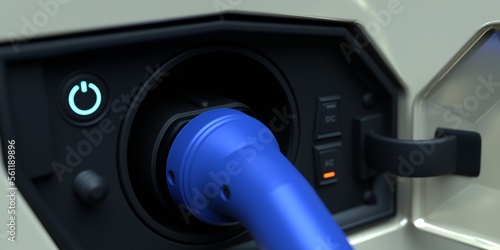 Hybrid car charger plug in closeup 3d rendering illustration. Conceptual electric car or vehicle charging supply.