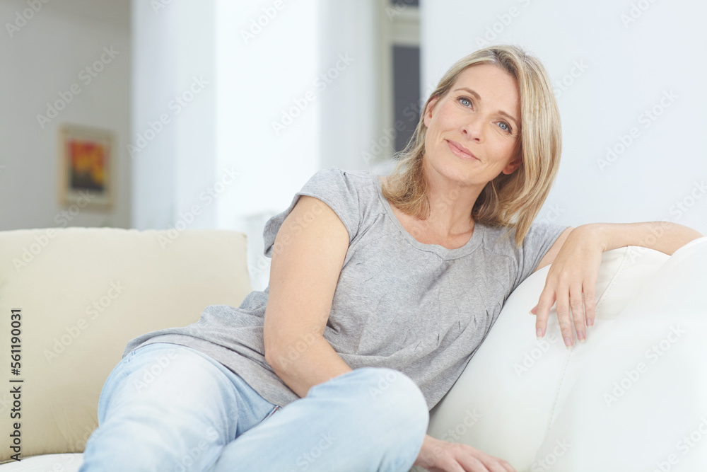 Relax, portrait and woman on a sofa in the living room for rest, relaxing and chilling at home. Comfort, calm and mature female with positive mindset from Australia sitting on the couch in her house. Relax, portrait and woman on a sofa in the living room for rest, relaxing and chilling at home. Comfort, calm and mature female with positive mindset from Australia sitting on the couch in her house.