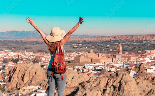 happy woman visiting Guadix- Granada province in Spain