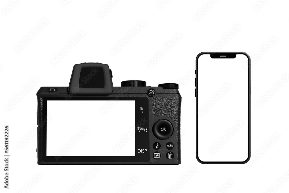 Camera and Smarphone with transparent mockup vector. PNG	