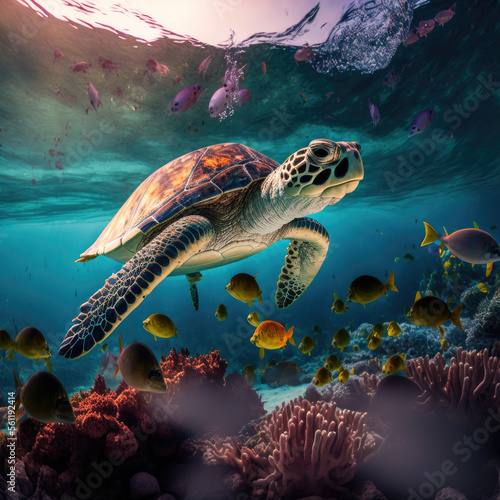 Turtle  tortoise under water in a clear blue ocean in clear focus with other sea life around it  underwater shot