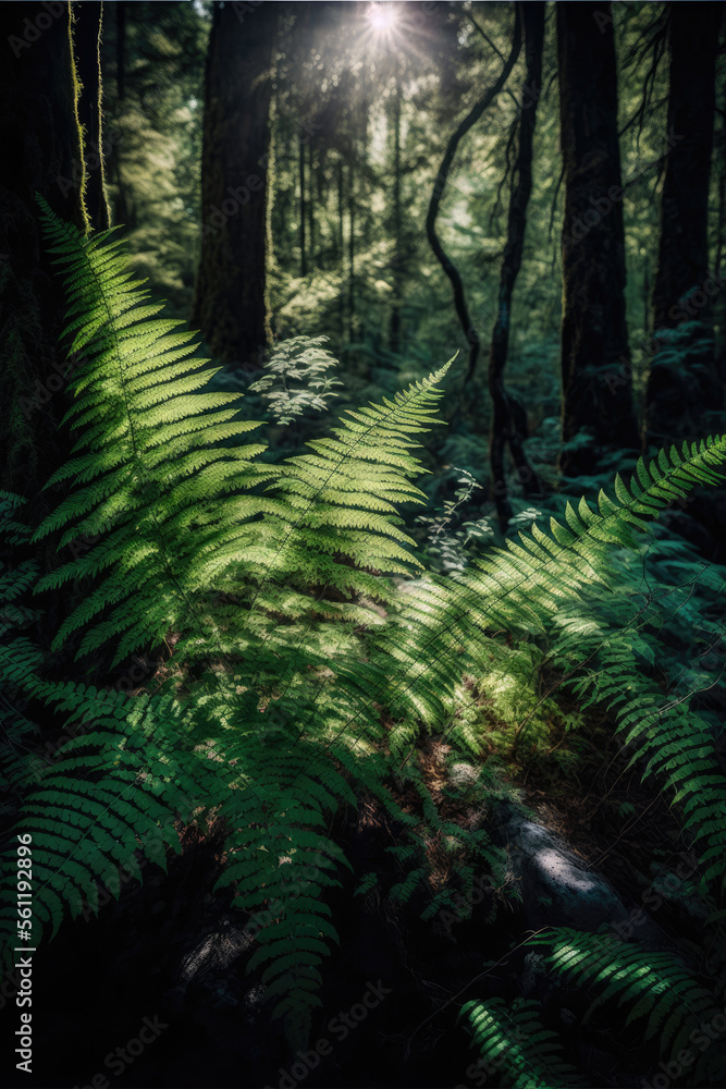 Trees in a forest on a walk path, with sunlight streaming into the forest Trees in a forest on a walk path, with sunlight streaming into the forest