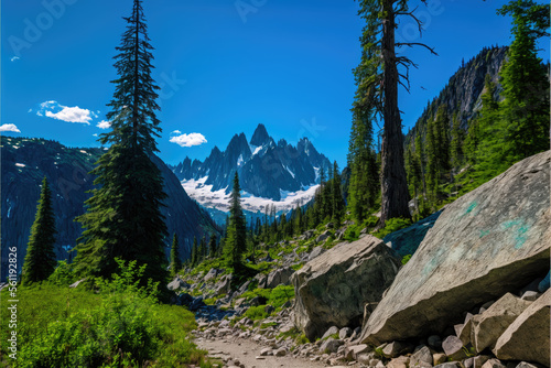 Landscape with a snow covered mountain the distance with trees in the foreground, clear blue skies