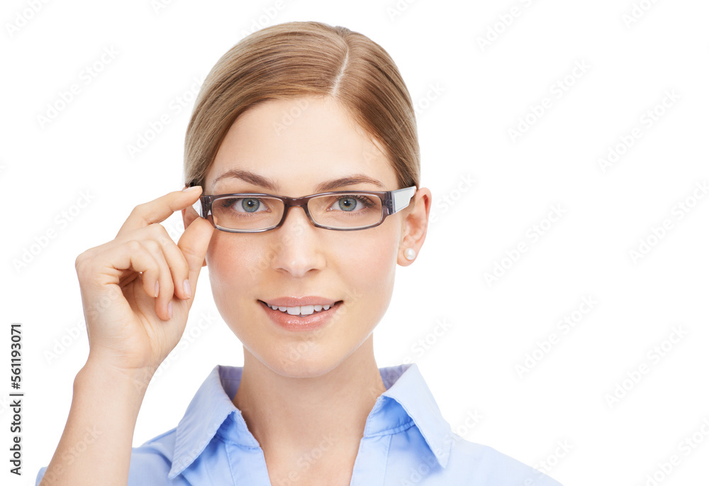 Portrait, vision and glasses with a woman in studio isolated on a white background for a prescription lenses test. Eyewear, mockup or frame with an attractive young female on blank space for eye care Portrait, vision and glasses with a woman in studio isolated on a white background for a prescription lenses test. Eyewear, mockup or frame with an attractive young female on blank space for eye care