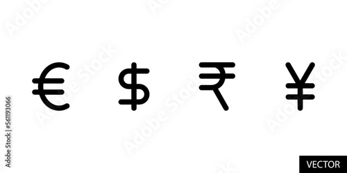 European Euro, United states Dollar, Indian Rupee and Japanese Yen currency symbol vector icons in line style design for website, app, UI, isolated on white background. Editable stroke. Vector file.