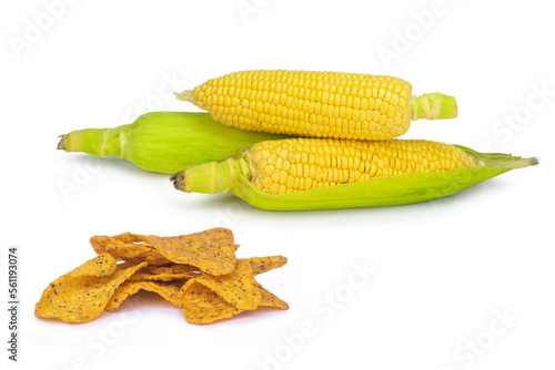 Fresh corn and corn chips on isolated white background