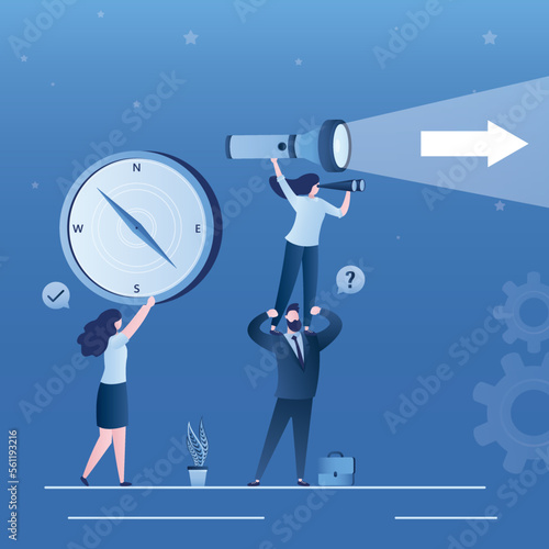 Colleagues or entrepreneurs choose right direction for business. People use flashlight, binoculars and compass for finding route, search for right way of business development. Global vision.