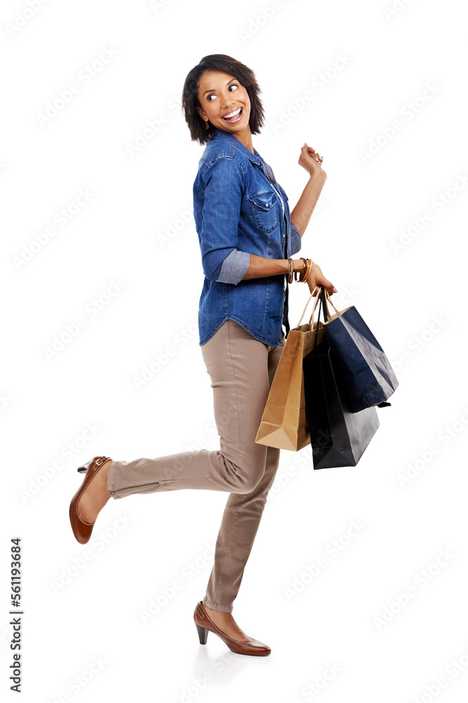 Fashion, shopping or excited black woman in studio on white background with marketing mockup space. Celebration, sales or happy girl customer with shopping bags on discount deals or promotional offer