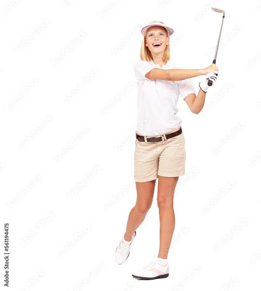 Fitness, exercise and golf by woman in studio happy, relax and smile while training on white background. Sport, wellness and girl golf player laughing while playing, having fun and swinging golf club Fitness, exercise and golf by woman in studio happy, relax and smile while training on white background. Sport, wellness and girl golf player laughing while playing, having fun and swinging golf club