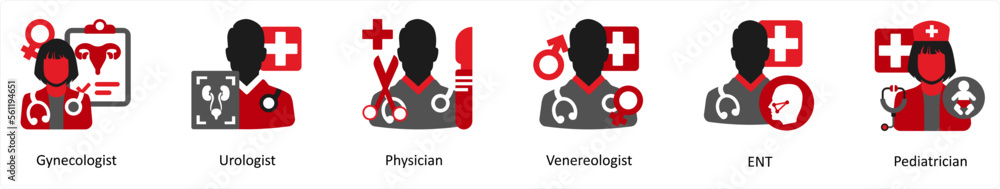 Six medical icons in red and black as gynecologist, urologist, physician Six medical icons in red and black as gynecologist, urologist, physician