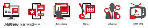 Six social icons in red and black as social media, reviews, subscribers