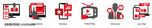 Six social icons in red and black as live streaming, subscribers, reviews