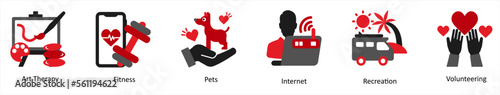 Six business icons in red and black as art therapy, fitness, pets