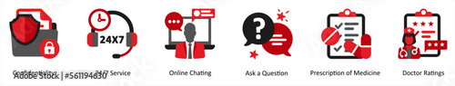 Six medical icons in red and black as confidentiality, 24x7 service, online chatting,