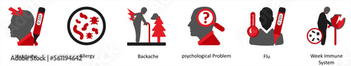Six medical icons in red and black as headache, allergy, backache