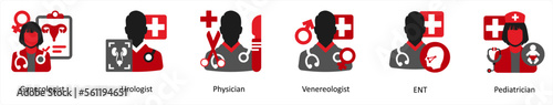 Six medical icons in red and black as gynecologist, urologist, physician