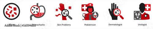 Six medical icons in red and black as allergy, stomachahe, skin problems