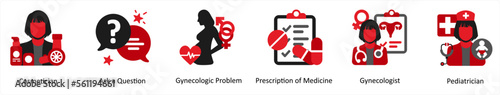 Six medical icons in red and black as cosmetician, ask a question, gynecologic problem