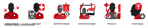 Six medical icons in red and black as immunologist, urologist, ophthalimologist
