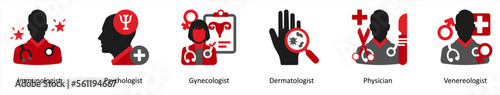 Six medical icons in red and black as immunologist, psychologist, gynecologist